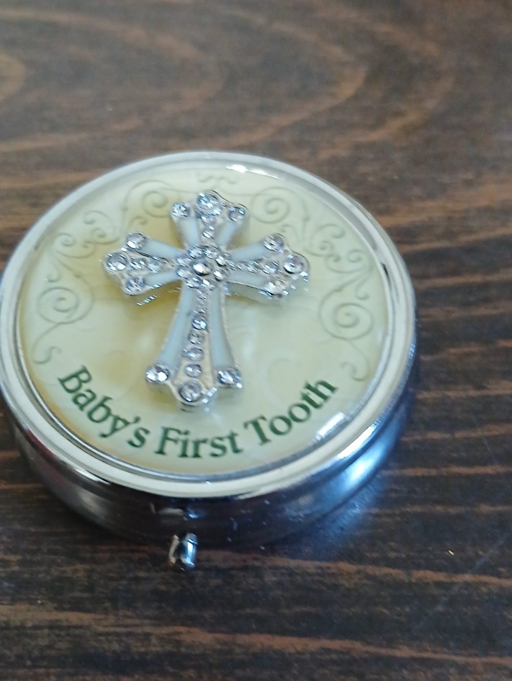 Silver Rhinestone Cross Baby Tooth Keepsake Box New Never Used